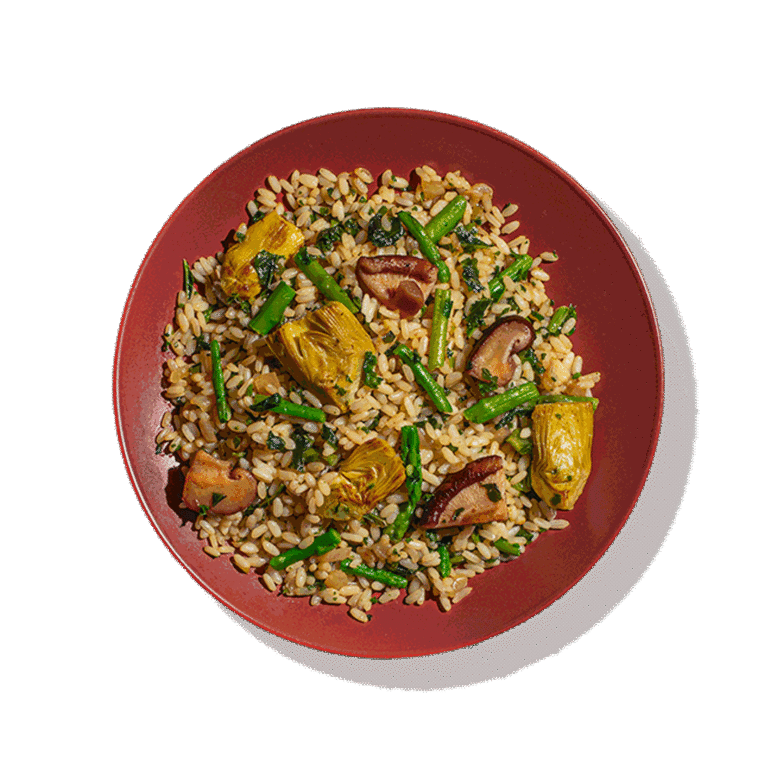 Plato preparado de Arroz con alcachofas y kale de Verleal